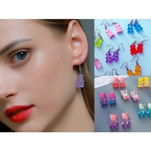 Trendy personality transparent candy color cartoon bear resin ear hook earrings sweet creative cute bear earrings funny party