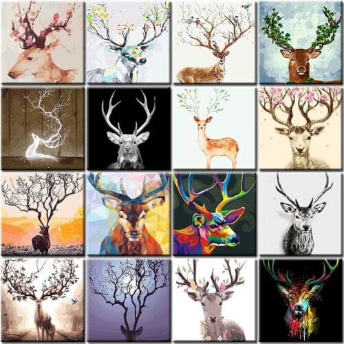 5D Diy Poured Glue Diamond Painting Kits Scalloped Edge Deer Animal Picture Modern Wall Art Canvas For Home Decor Unique Gift