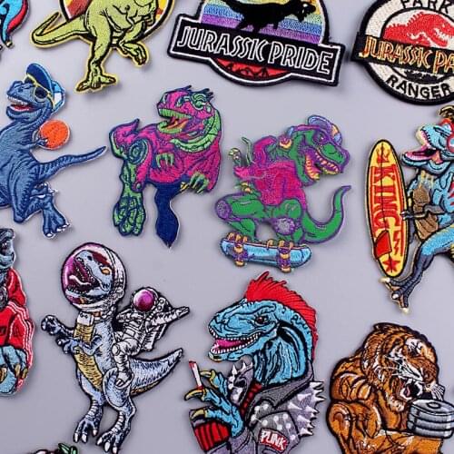 Punk Dinosaur Patch Animals Embroidered Patches For Clothing Thermoadhesive Patches Jurassic Park Patch Appliques Stripe Sticker