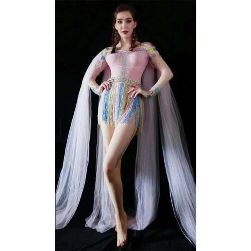 New Tassel White Dress Tail Dance Costume Birthday Celebrate Performance Stretch Wear Bar Prom Singer Long Cloak