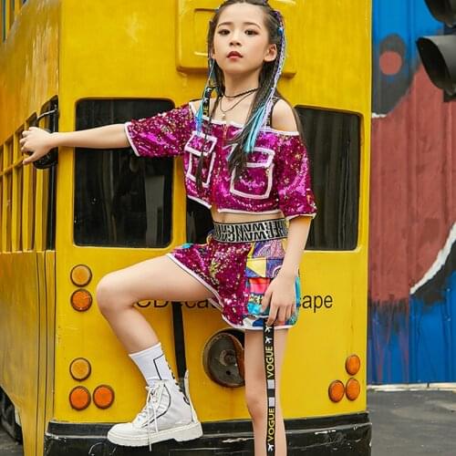 New Sequins Children Perform Jazz Dance Costumes Dance Girls Jazz Strapless Long Sleeve Hiphop Clothing Hip-Hop Dance
