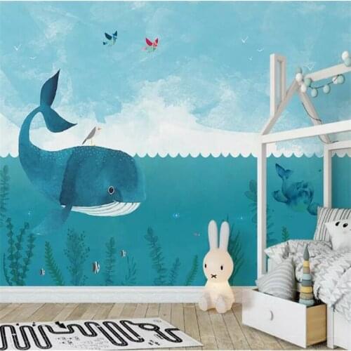 Original Nordic Simple Cartoon Whale Sea Childrens House Background Customized Large Interior Wallpaper Mural 3D Photo Wall
