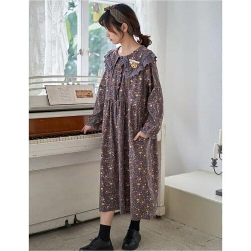 Autumn Women Literary Vintage Floral Print Midi Dress Cotton Japan Style Mori Girl Lace Collar Loose Long Sleeve Dress