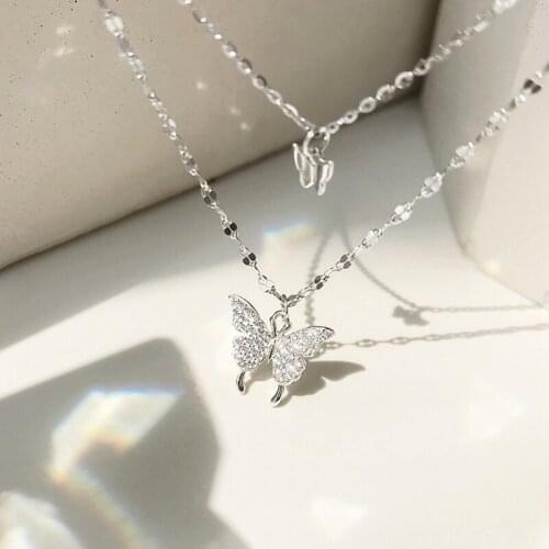 Silver Color Flash Diamond Butterfly Double layer Pendant Necklace For Women Simple Design Crystal Elegant Wedding Jewelry Gifts