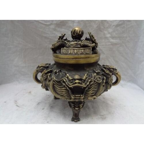 Song voge gem S2735 10" Tibet Bronze Buddhism Dragon Head Ball Statue Box Incense Burner Censer