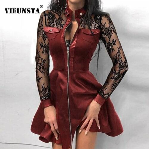 Autumn Zipper Pockets PU Leather Dress Women Sexy Lace Mesh Sleeve Patchwork Party Dress Elegant Stand Neck Button Mini Dresses