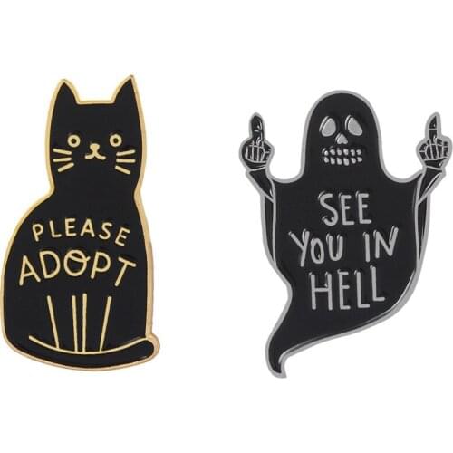 Ghost Black Cat Middle Finger Enamel Pin Custom Wholesale See You In Hell Badge Brooch Bag Lapel Pin Funny Punk Gothic Gift