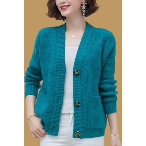 Vintage Single Breasted Knitted cardigan Women Korean Allmatch slim long sleeve V-neck Sweater Casual plus size Kniting tops