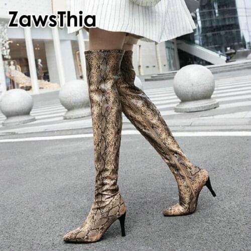 ZawsThia 2020 winter new sexy serpent snake skin print woman Over-the-Knee boots high heels long booties women overknee boots