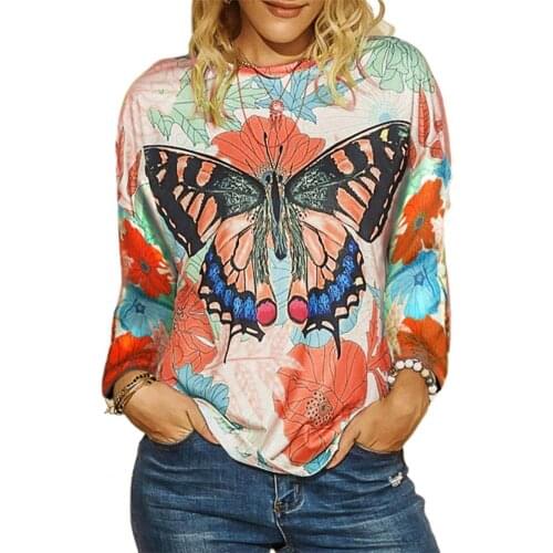 Chic Women T-Shirts Long Sleeve O Neck Top Butterfly Floral Print Base T-Shirt Tops Womens Clothing 2021 футболка оверсайз