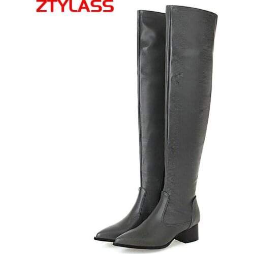 Women Faux Leather Over The Knee Boots Comfort Square Low Heel Thigh Boots Fashion Zipper Pointed Toe Womens Shoes Blue Gold