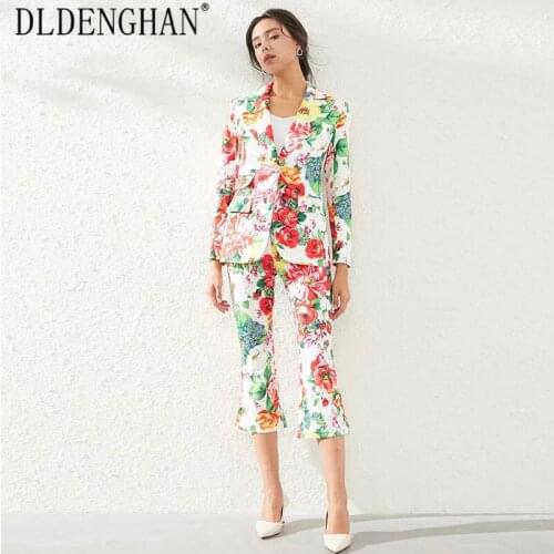 DLDENGHAN Fashion Print Floral Set Womens Long Sleeve Outwear Tops + 3/4 Speaker Pants Two-Piece Sets Designer Spring New