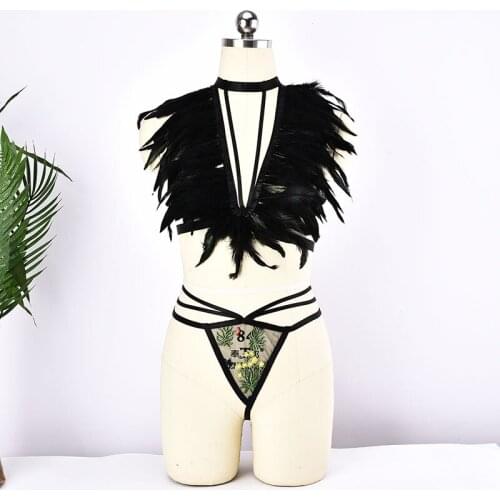 Women Harajuku Festival Black Feather Cage Bra Epaulettes Steampunk Burlesque Sexy Lace Panties Gothic Feathers Body Harness Set