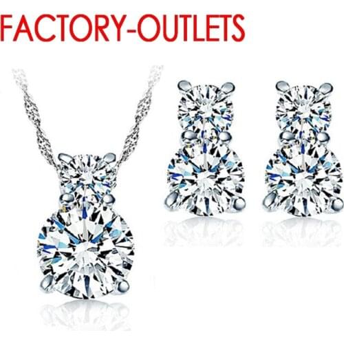 925 Sterling Silver Bridal Jewelry Sets Fashion Jewelry Necklaces Stud Earrings Round Crystal Women Girls Engagement Anniversary