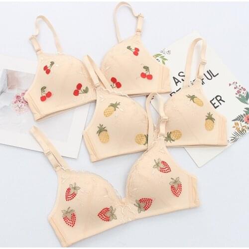 New Fruit Embroidery Bra Lightweight Sexy Lace Underwear Women Gathered Without Steel Ring Adjustable Lingerie