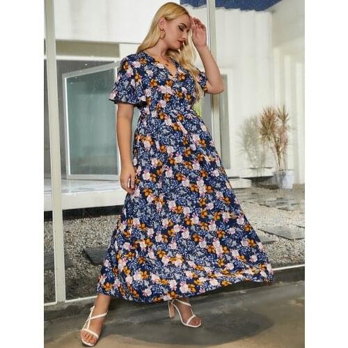 Plus Size Floral Dress Women 2021 Summer V Neck Short Sleeve Flower Print Casual Dress High Waist Boho Beach Maxi Long Dresses