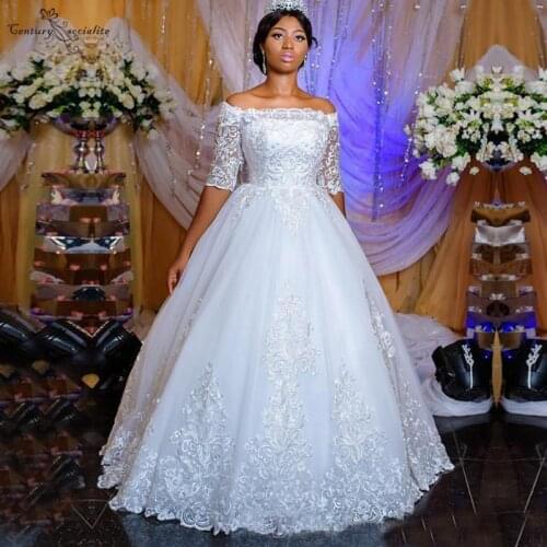 Vestido De Novia Ball Gown Wedding Dresses Lace Appliques Off Shoulder Half Sleeves African Bridal Gowns Bride Dress Plus Size