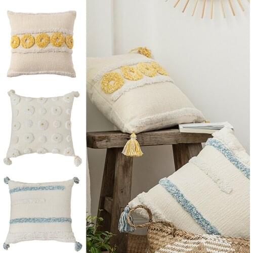 1PC Cushion Cover Beige Boho Pillowcase With Tassels Woven Pillowcase Morroccan Style Handmade Sofa Living Room Home Decor