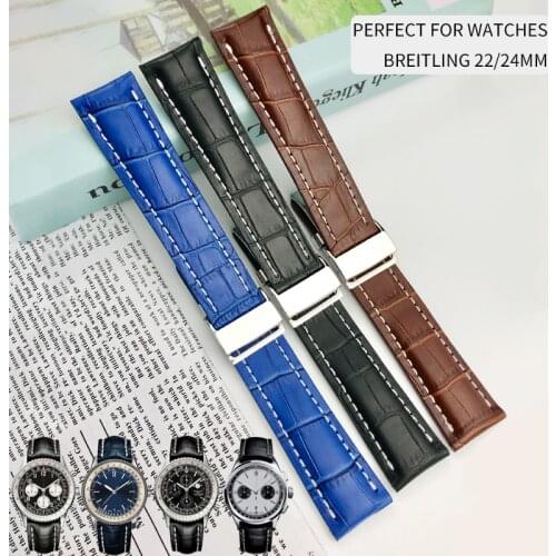 22mm 24mm Italian Cowhide Bamboo Grain Watch Strap Folding Buckle Black Blue Brown Suitable for Breitling Wristwatch Accessories