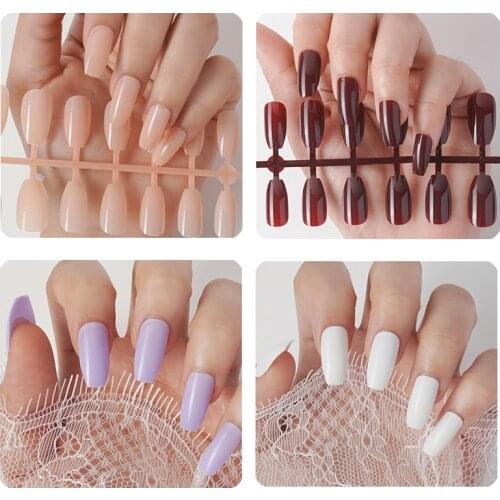 24pcs False Nails Short Round Head Full Cover Nails Pink Blue Coffin False Manicure Press On Artificial Nails Tools Accessories