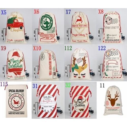 50pcs/lot 2019 New Arrival Creative Santa Claus bags Drawstring Canvas Santa Sack Christmas Gift Bag Pouch 12 styles