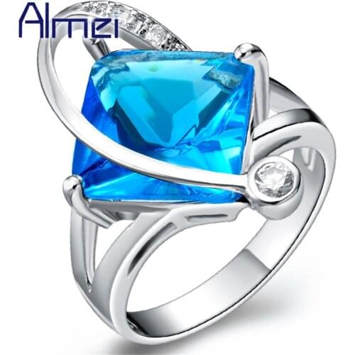 Almei USA Sale 2017 Square Ring With Red/Blue/Purple Stones Crystal Jewelery Rings for Women Silver Color Jewelry My Orders J353