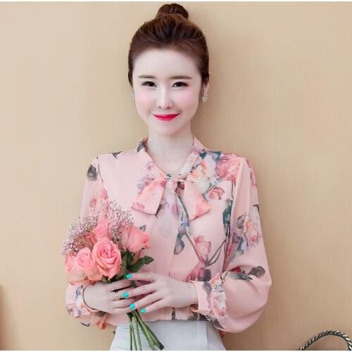 Chikichi 2021 Autumn New Printed Chiffon Shirt Womens Loose Long Sleeve Bow Lantern Sleeve Women Shirts Tops