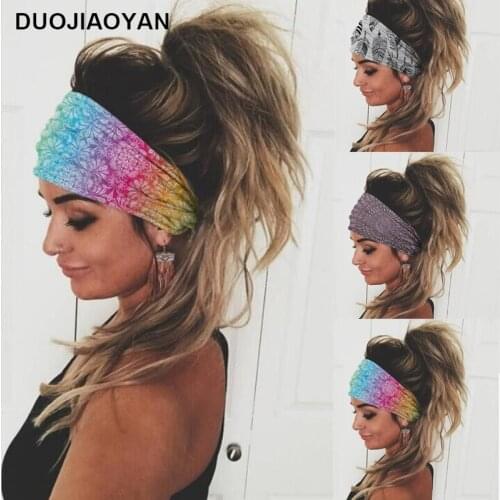 DUOJIAOYANEuropean and American fashion wide-brimmed printed womens headband stretch sports headband rainbow wash face hairband