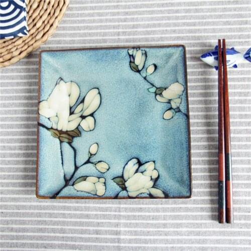 EECAMAIL Exported High-end Hand painted Magnolia Ceramic Tableware Kiln Glazed Square Plate Steak Plate Western Dish Fruit Plat