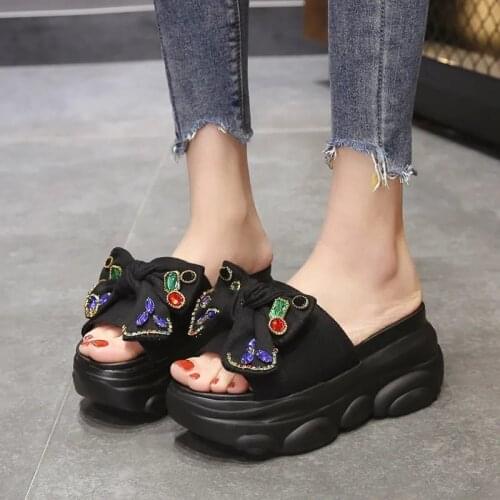 Black Classic Women Rhinestone Butterfly-knot Canvas Thick Bottom Slippers Fashion Leisure Increase Shoes Comfortable Sandals