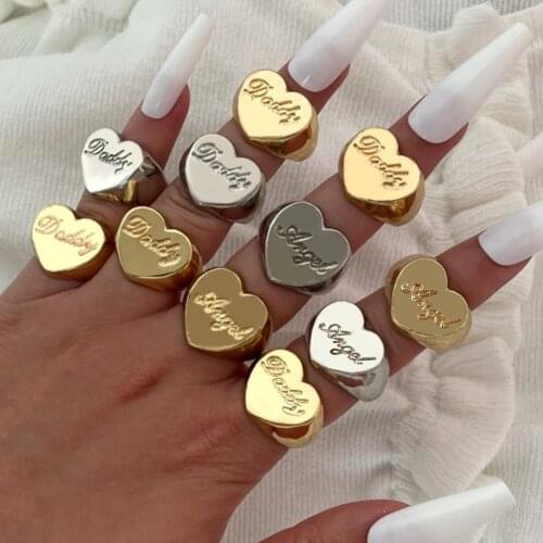 Gothic Silver Color Heart Shape Chunky Rings For Women Geometric Letter Carved Square Thick Metal Finger Rings 2021 New Jewelry