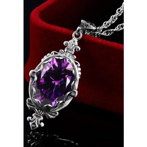 Amethyst Vintage Pendant Gemstone Church Flower Carved Purple Gems Pendants Necklace Ethnic Religion 925 Sterling Silver Jewelry