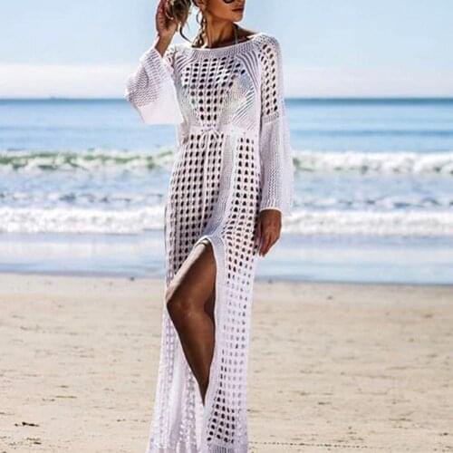 Summer Women Hollow Knitted Long Sleeve High Split Bikini Cover Up Maxi Dress