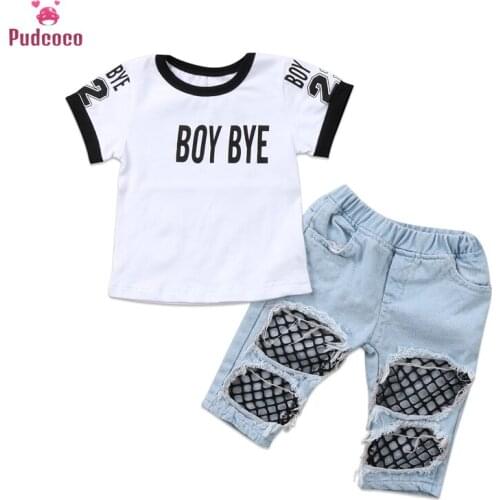 12M-5Y Summer Baby Girl Clothes Sets Toddler T-shirt Tops KIds Mesh Hole Denim Pants Kid 2Pcs Outfits