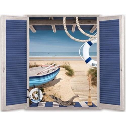 Summer sea view 3d fake window stickers beach scenery wall art vinyl mural home decoration occident landscape poster 70*50cm