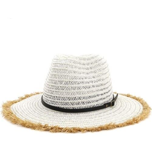 Summer Paper Straw British Jazz Cap Hat Flat Brim Panama Style Beach Sun Hats Unisex Women Sunshade Cap Belt Buckle Cowboy Hat