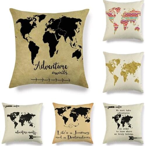 Cute Vintage Map One Side Print Cushion Cover Linen Pillow Cover for Home Sofa Seat Throw Covers Decorative 45X45Cm