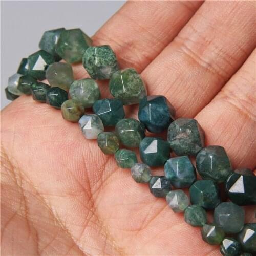 Fashion Smooth Natural Green Moss Agates Stone Faceted Spacers Loose Beads Charm DIY Men Women Bracelet Jewelry Making Wholesale