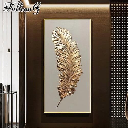 FULLCANG 5d diy full square/round drill large Golden feather modern abstract diamond painting mosaic embroidery rhinestone home decor gift FC1858