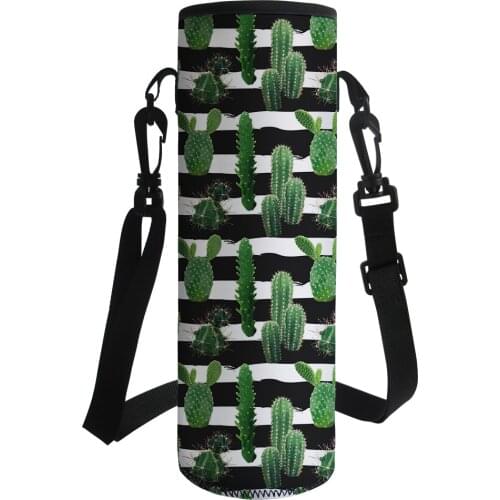 Cactus Plant Printed Large Capacity Water Bottles Cover Neoprene Thermos Water Bottle Pouch Holder Shoulder Strap Insulate Bags