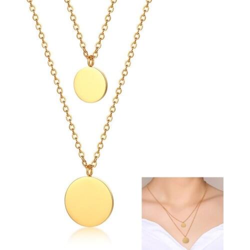 Fashion Double Small Round Gold Necklace Stainless Steel Women Anniversary Gift Long Pendant Necklace Jewelry N006