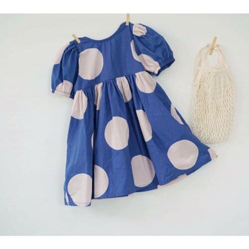 Korean Style New Summer Polka Dots Baby Girls Loose Dress Backless Puff Sleeve Kids Long Dresses Children Clothes