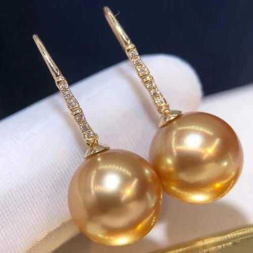 D914 Pearl Earrings Fine Jewelry Solid 18K Gold Round 10-11mm Nature Salt Sea Water Golden Pearls Drop Dangle Earrings for Women