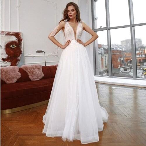 Eightree Robe de Mariage Glitter Tulle Pearls Luxury Wedding Dress 2021 Cheap Bride Dresses Long Wedding Gowns V Neck Gelinlik