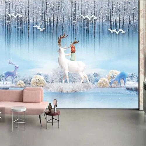 Modern European ELK Animal Embossed Mural for Living Room 3D Printed Photo Wallpaper Murals Winter Snow Tree Wall Paper Rolls