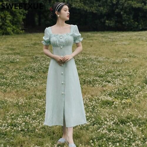 SWEETXUE 2021 Summer French Retro Square Neck Romantic Gentle Dress Fairy Sweet Single Breasted Chic Party Dress Womens Vestido