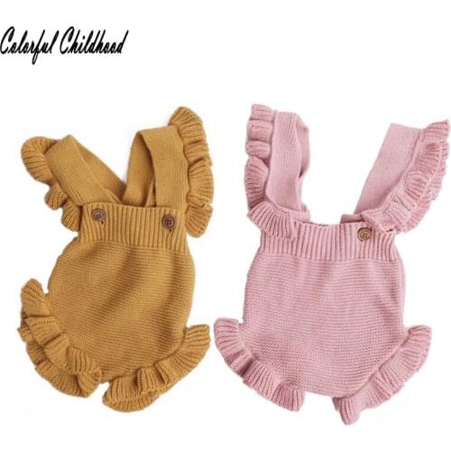 0-24M baby girls knitted-romper ruffles design sling cross winter/autumn warm jumpsuit newborn/infant/toddler sweet onesies over