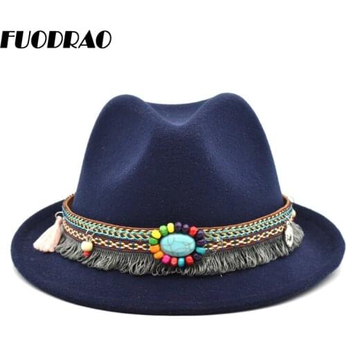 FUODRAO New Cowboy Hat Women Wide Brim Fedoras Solid Color Autumn Winter Wool Hats Men Jazz Caps Vintage Panama F9