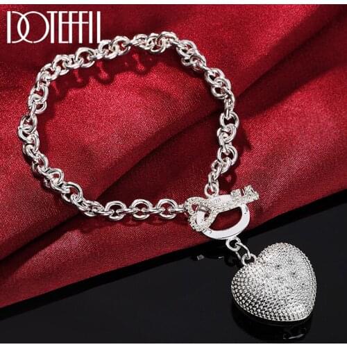 DOTEFFIL 925 Sterling Silver Zircon Heart Key Bracelet For Women Wedding Engagement Party Jewelry
