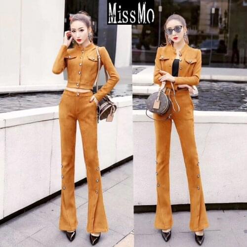 2021 Women Autumn Winter Blazer Suit Lady Single Breasted Short Coat + Button Flare Pant Sets Female Casual Solid 2 Pcs Set I273